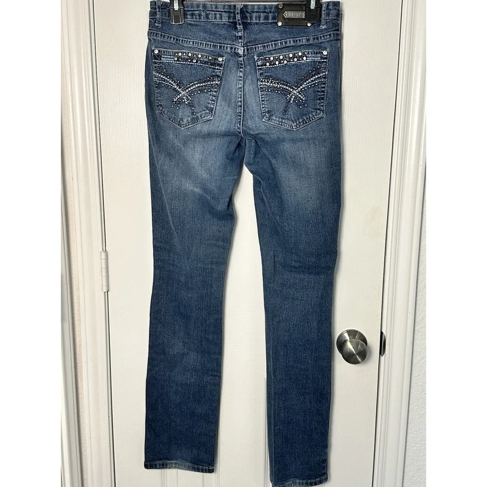 Tru Luxe Jeans Womens Denim Mid‎ Rise Stretch Embellished Pocket Blue Size 27/4